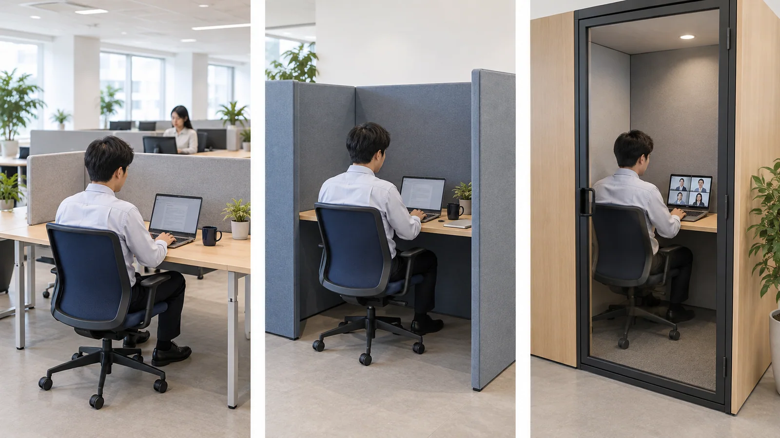 低い仕切り、高いパネル、扉付きブースで作業する場面