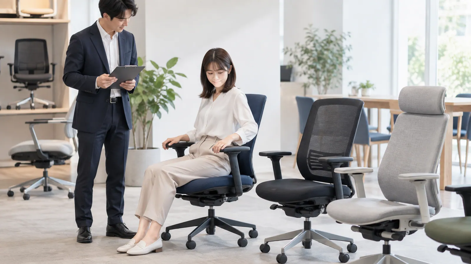 仕様表を見た後にチェアを試座する場面