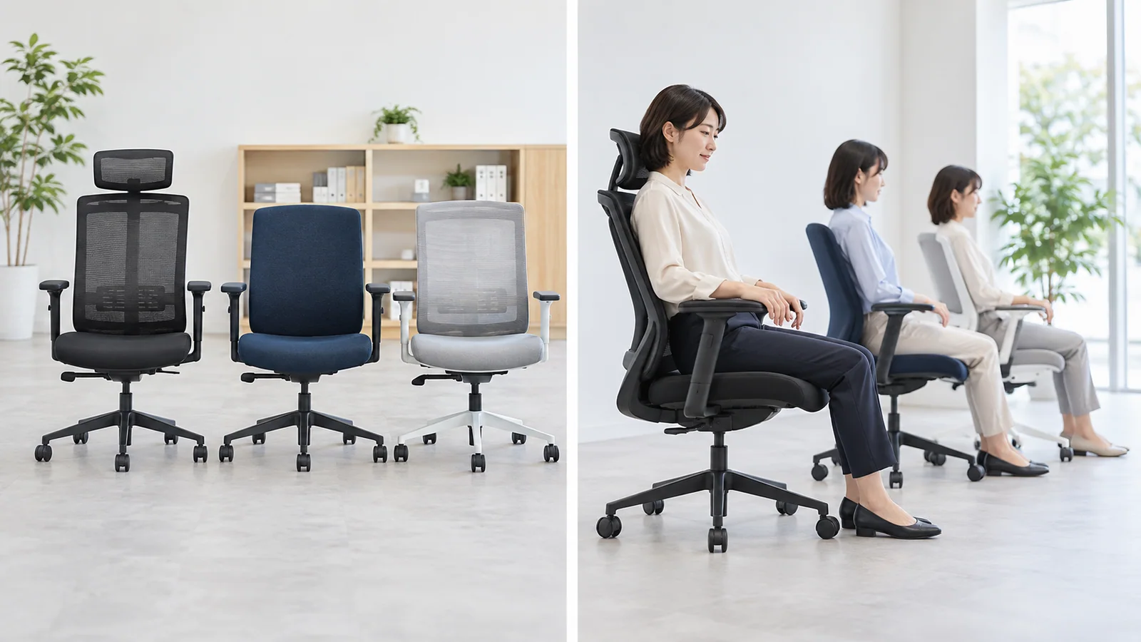 複数のチェアの候補と、実際に座って使用感を確かめる人