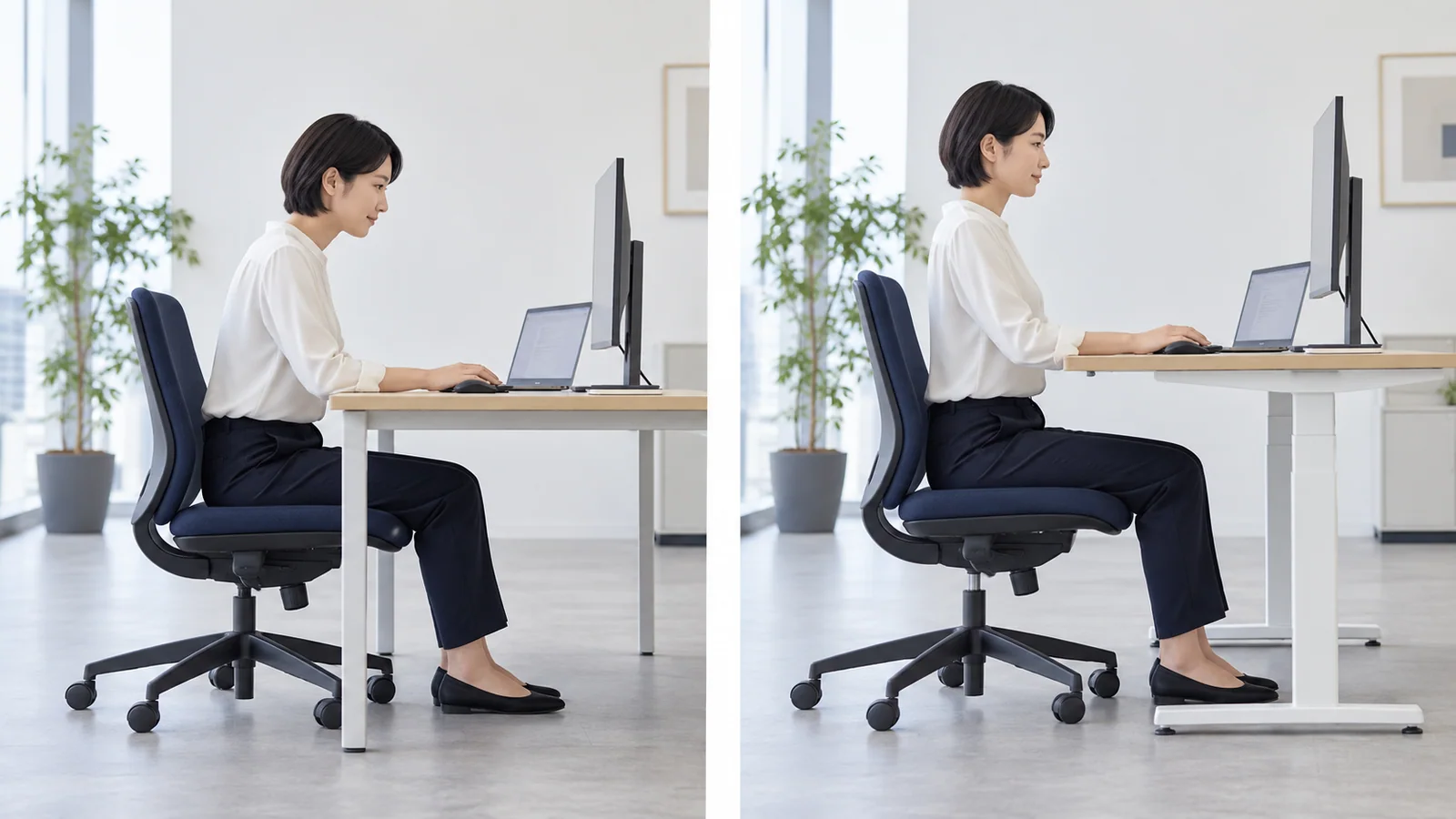 デスク、画面、椅子の位置を変えて座る人の側面比較