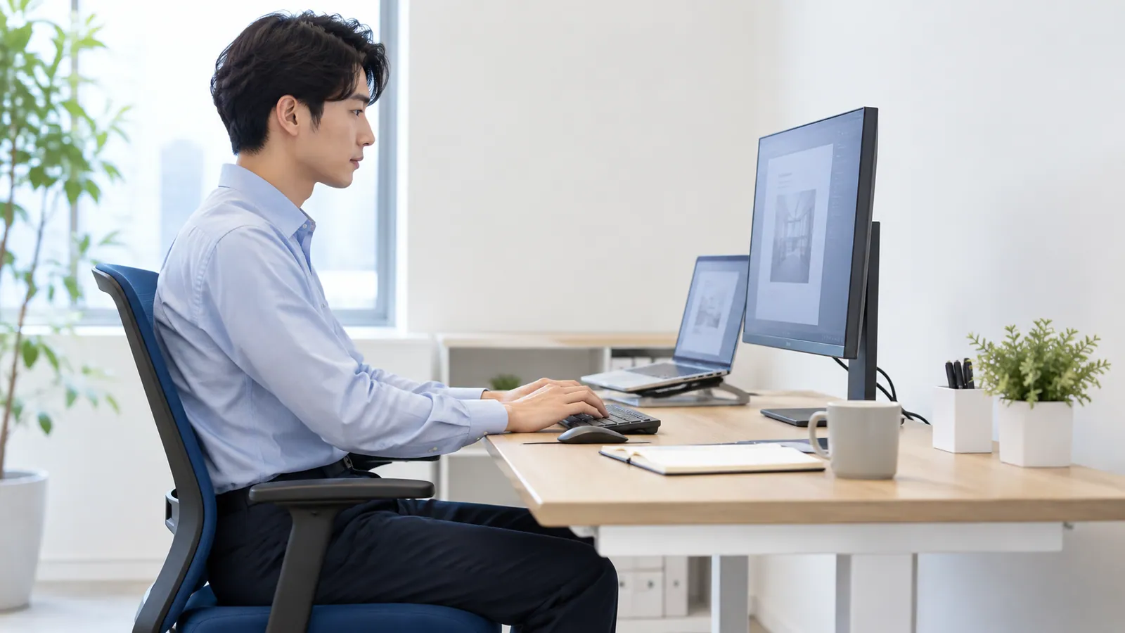 側面から見たモニターとキーボード、手前作業面