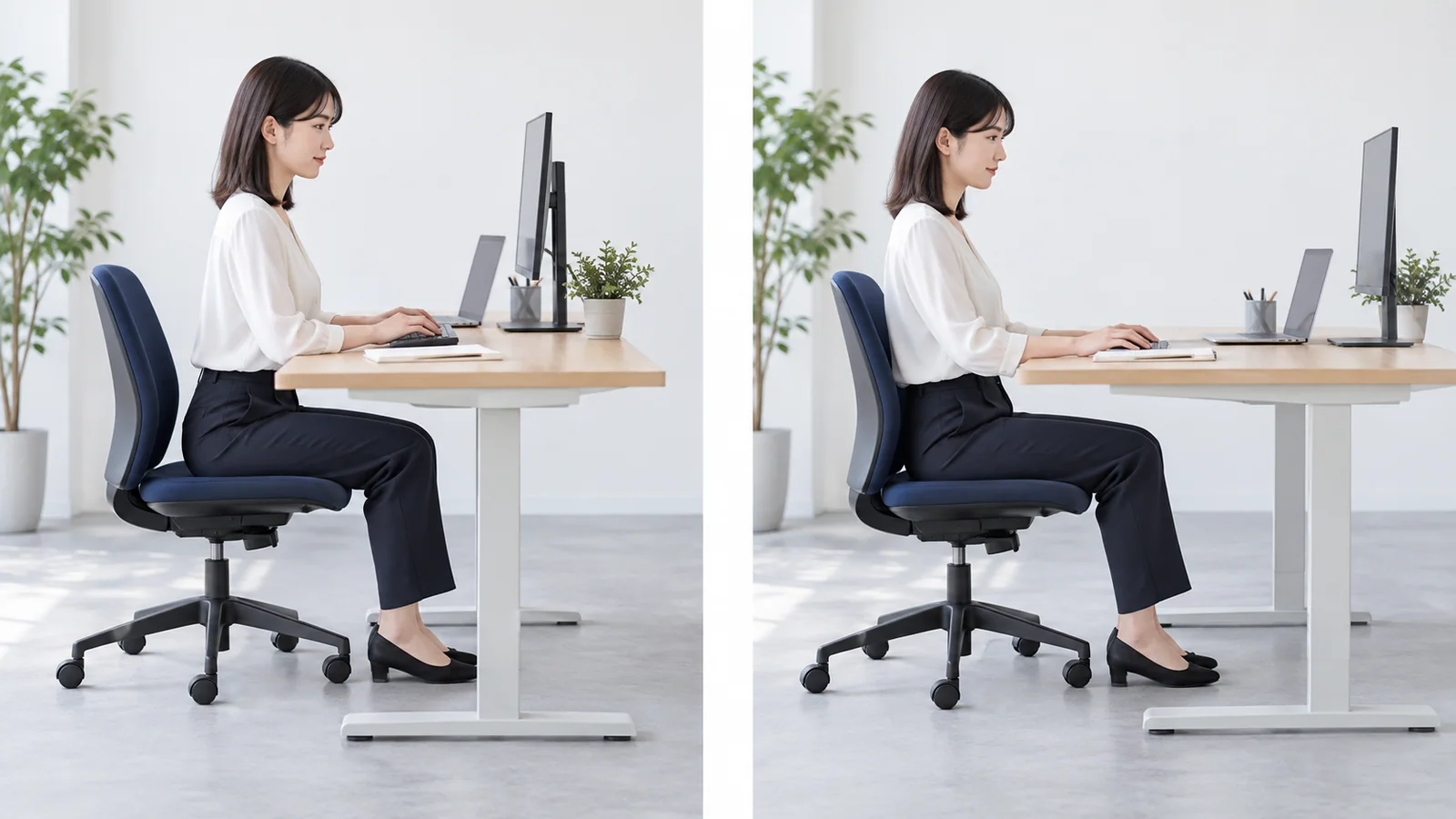 奥行きの異なるデスクを横から見た画面、入力機器、手前の作業面