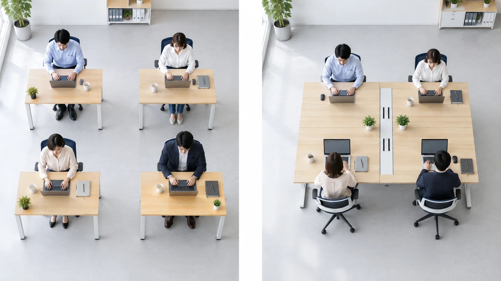 独立した四つのデスクと、複数人で使うベンチ型デスク