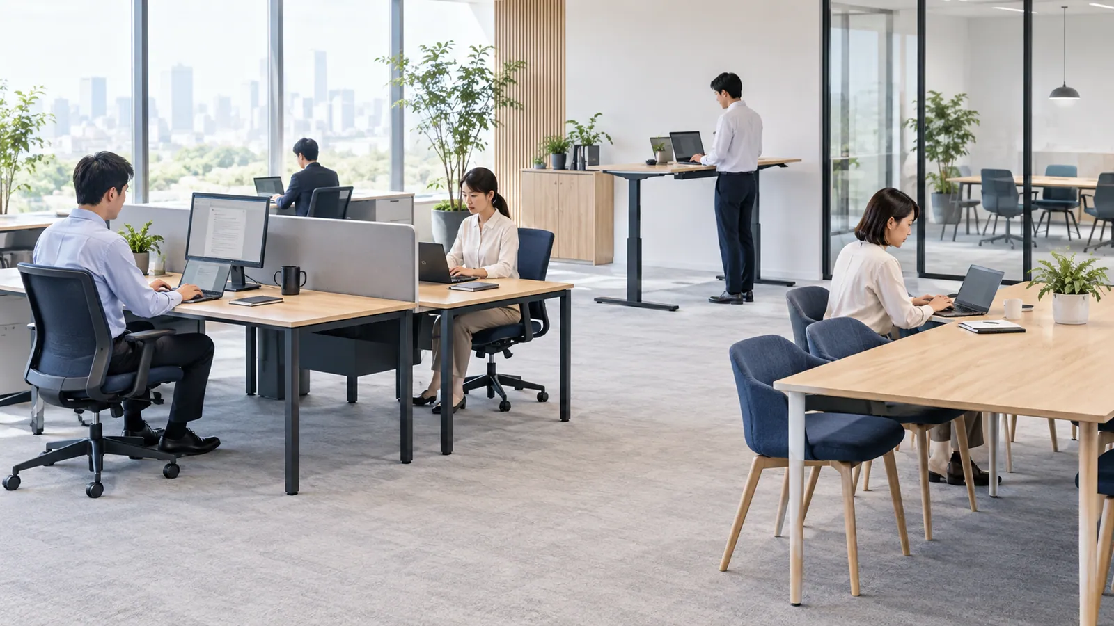 複数タイプのデスクとPC作業が自然に見える執務エリア