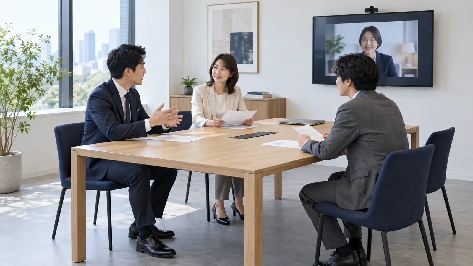 会議テーブルを囲む複数人とディスプレイのある会議空間