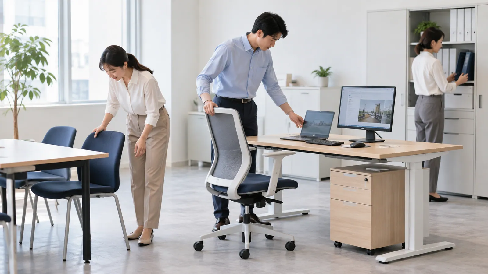 家具・人・PC・収納が揃った導入前確認シーン
