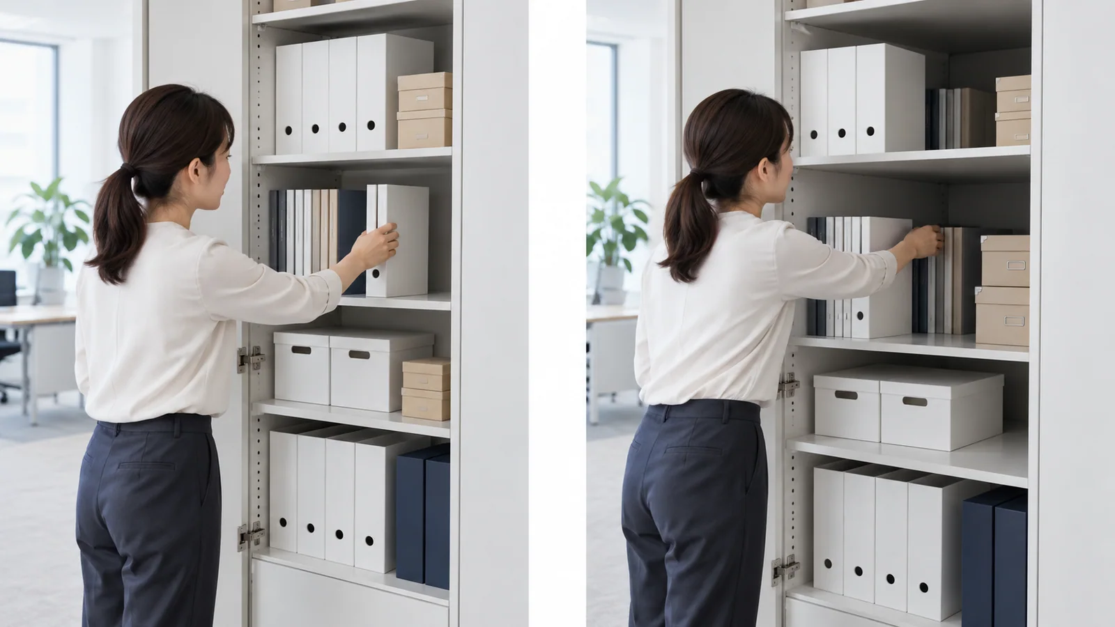 棚の手前にある書類と、奥にある書類を取り出す場面