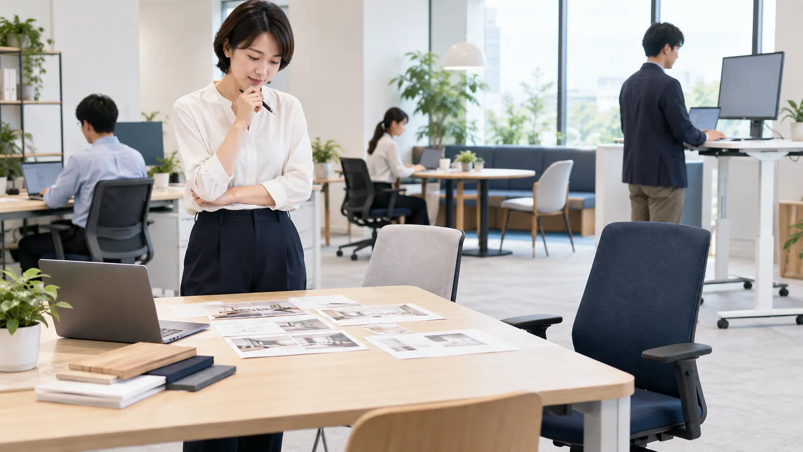 デスクを前に用途を整理する担当者と複数の働き方が見えるオフィス