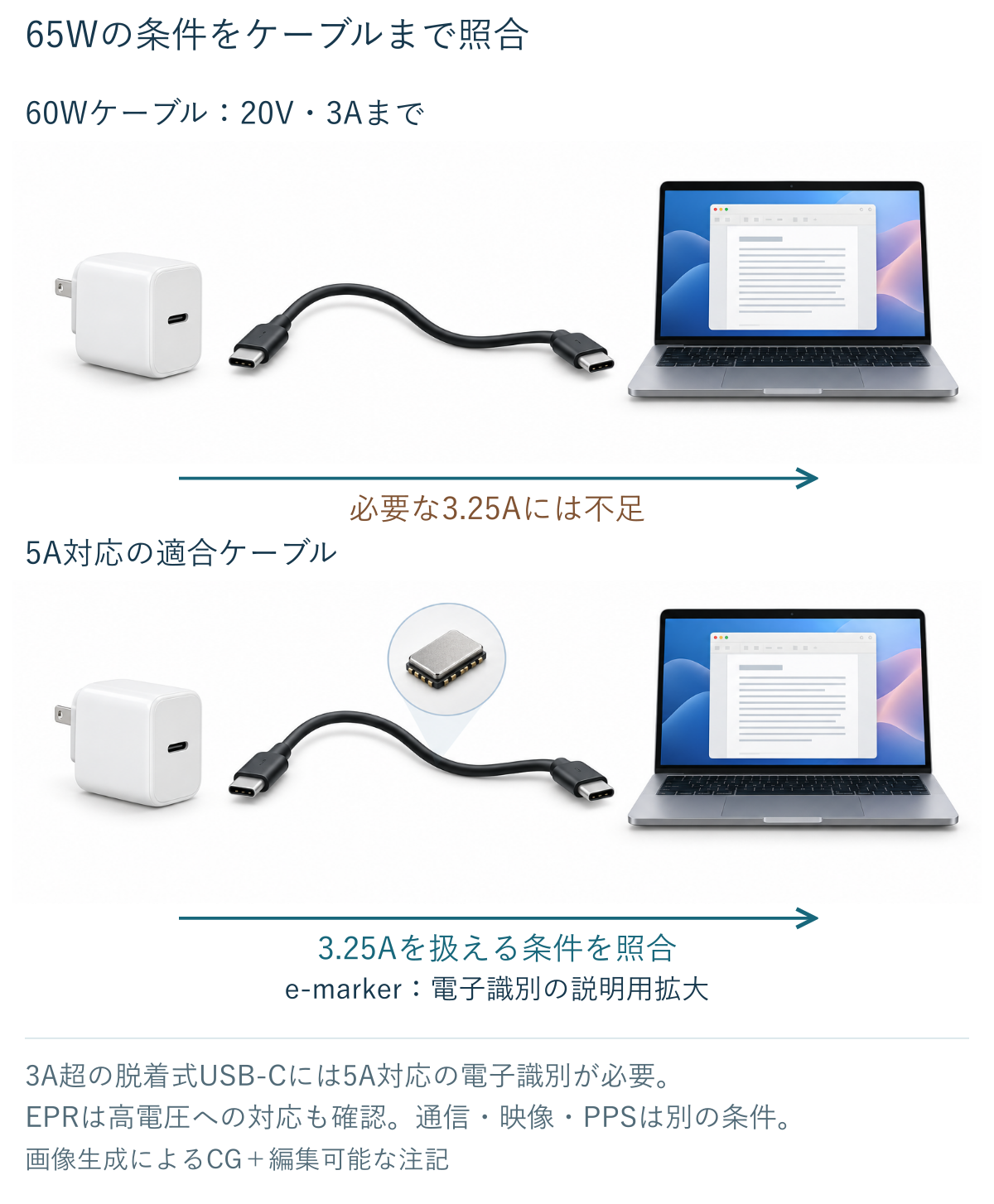 USB-Cケーブルの60W・100W・240Wの電力能力と、65WのPCへ給電するときのケーブル選択例