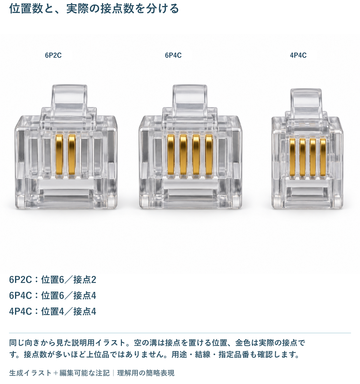 電話用モジュラープラグの6P2C・6P4C・4P4Cを、外形と実際に使う接点の数で比べる図
