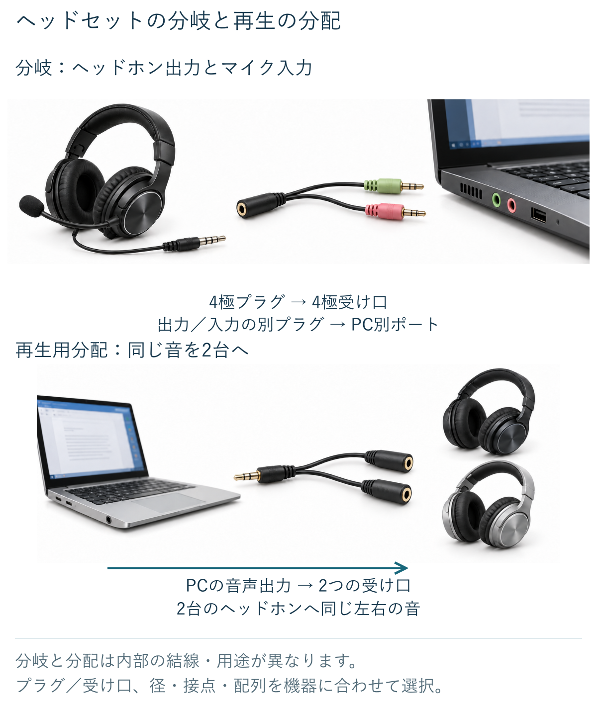 ヘッドセットの音声・マイクを分ける分岐アダプターと、2人で同じ音を聞く分配ケーブルの違い