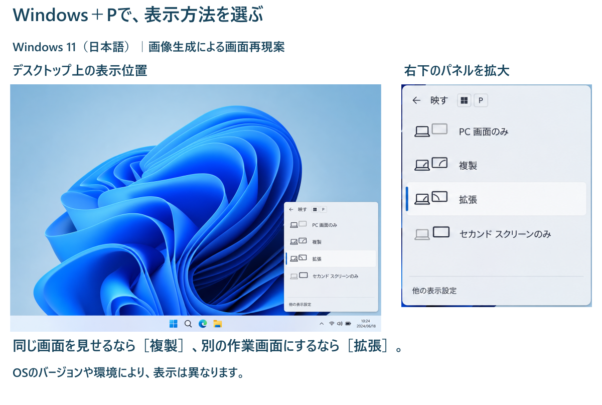 WindowsキーとPキーで開く表示方法のメニューを再現し、複製と拡張を選ぶ場所を示す説明図