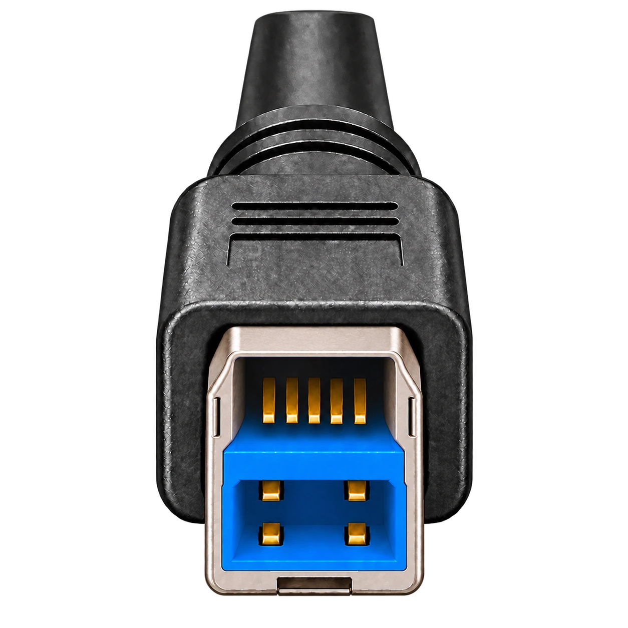 USB 3.0 Type-Bのケーブル側プラグ。上段の開口は銀色の内壁に囲まれ、5つの金色の接点が見える
