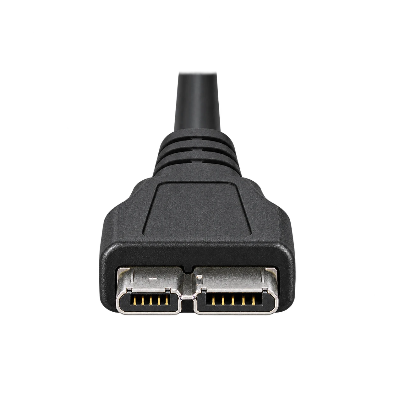 USB 3.0 Micro-Bのケーブル側プラグ。横に2つの接続部が並ぶ
