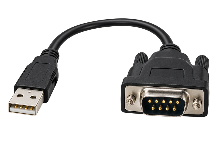 USB-AプラグとD-sub9ピン端子を備えたUSB–シリアル変換器