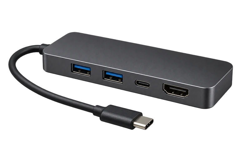 USB-A・USB-C・HDMIの差込口とUSB-C接続ケーブルを備えたドック