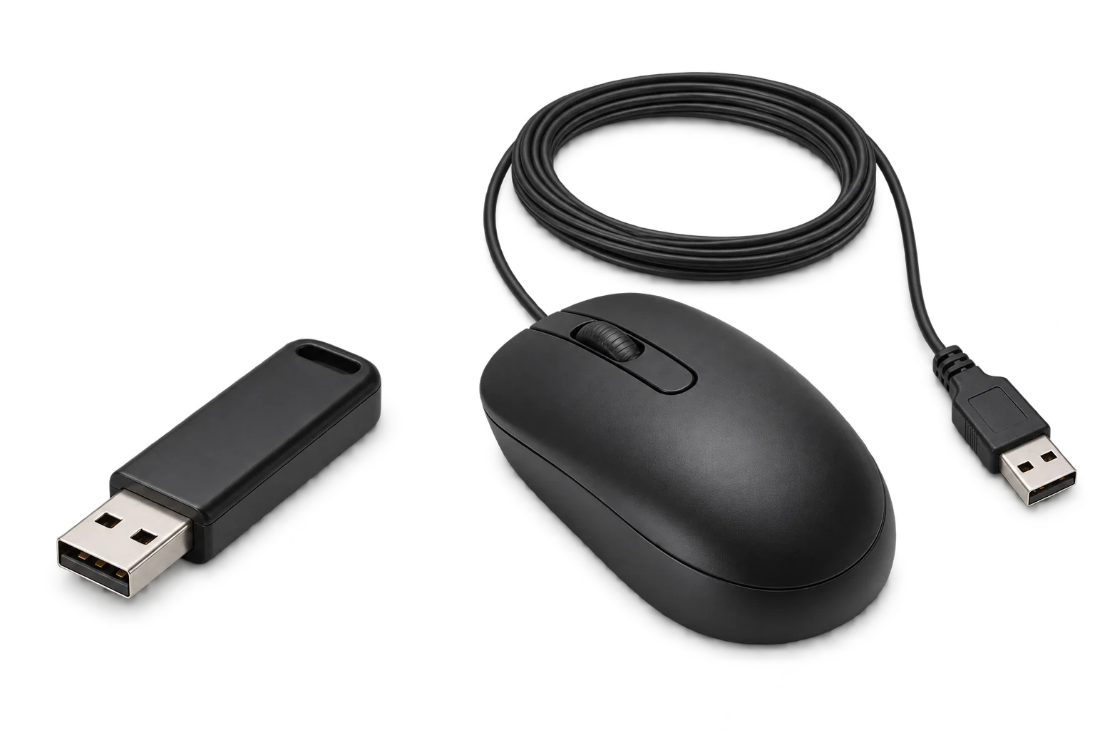 USB-Aプラグ付きのUSBメモリーと有線マウスのイメージ画像