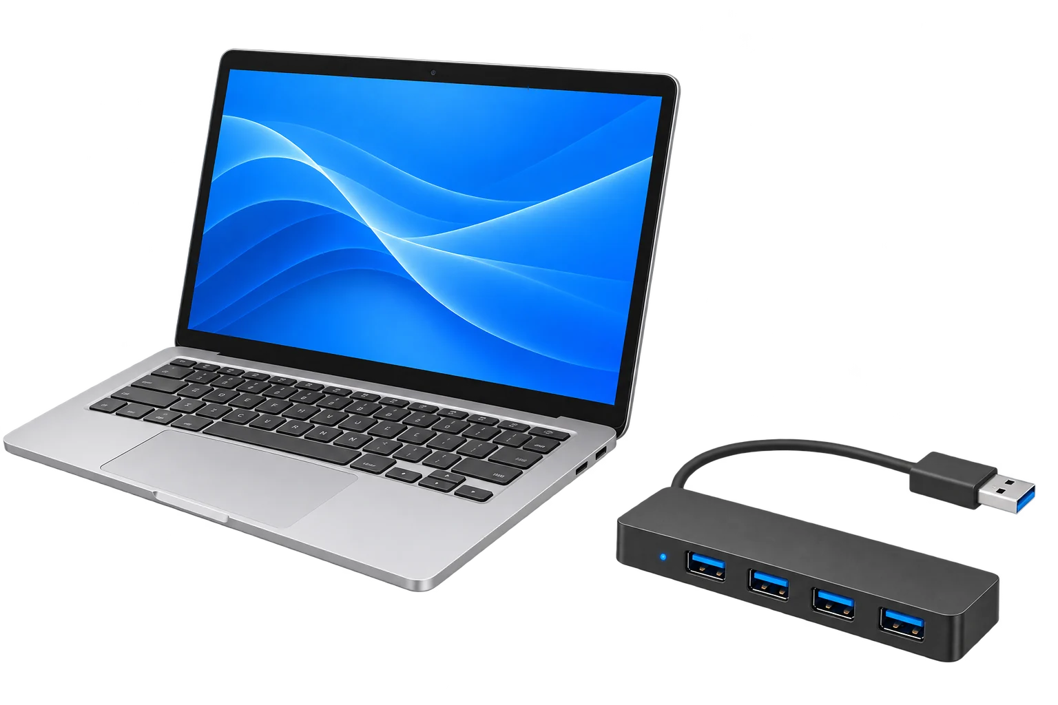USB-A差込口のあるノートPCとUSBハブのイメージ画像