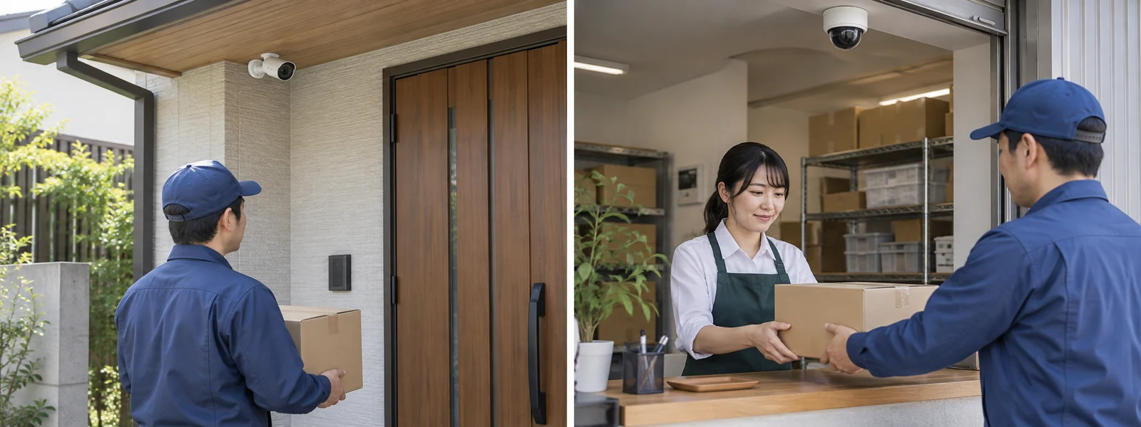 自宅の玄関へ荷物を持ってきた来訪者と、軒下に固定したカメラ。