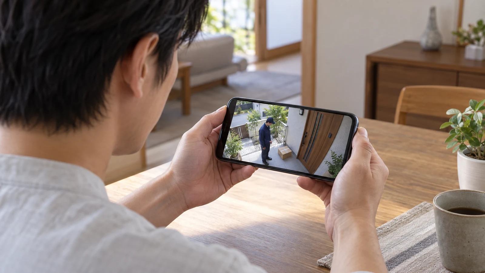 スマートフォンで玄関の人物と荷物を確認する成人。