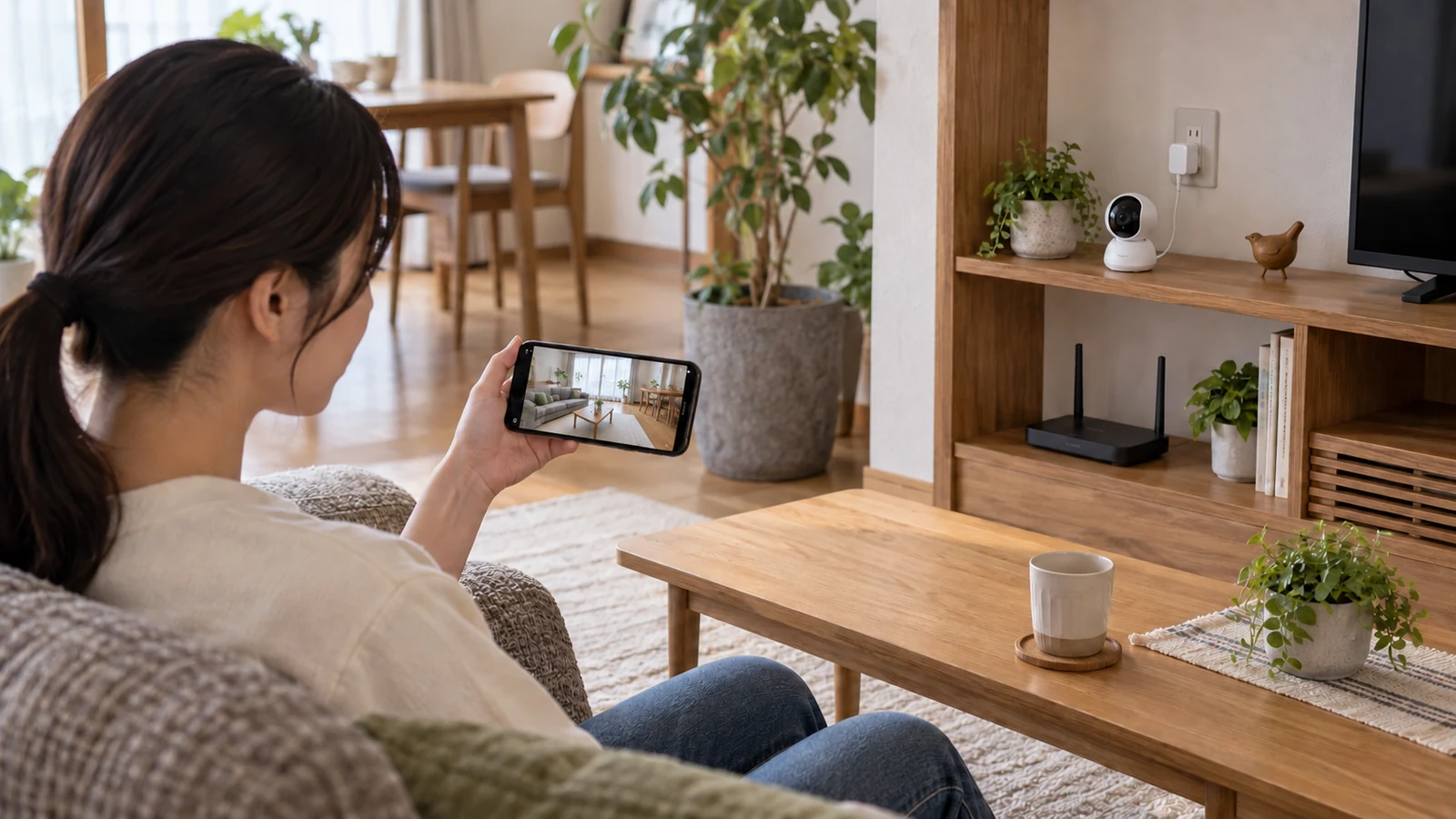 電源につながった家庭用カメラとルーター、映像を見るスマートフォン。