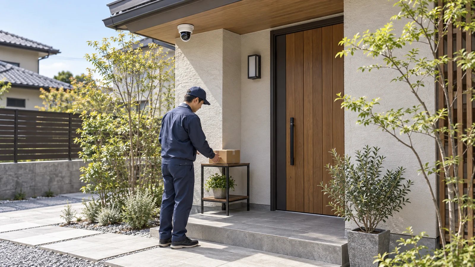 玄関へ来た人物と、荷物を置く場所が見える入口。