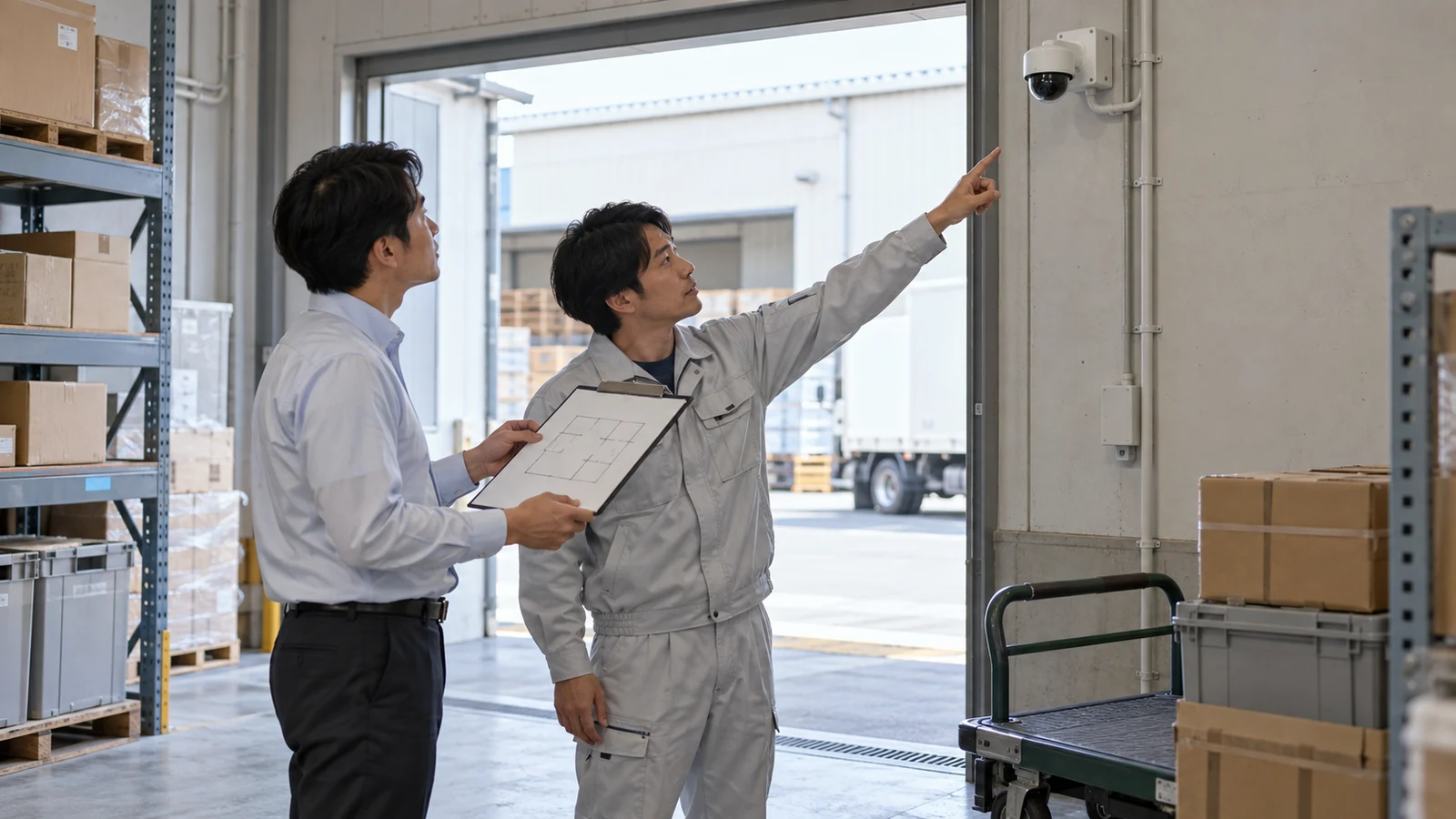 棚や扉と取り付け位置を現地で確認する担当者。
