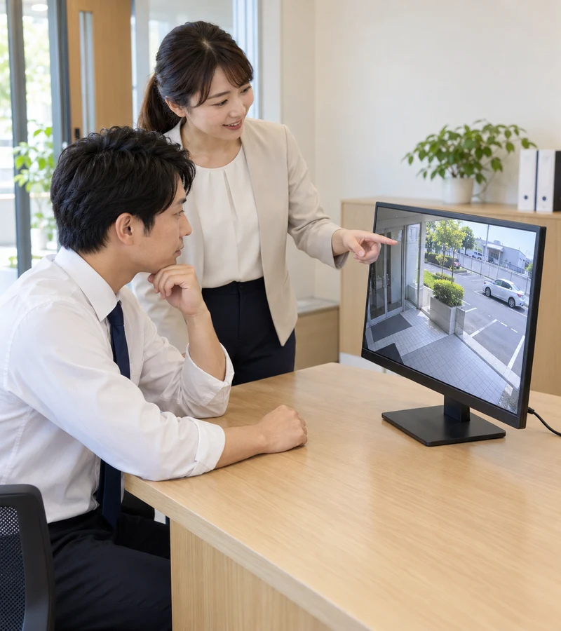 事業所の担当者がモニターの映像を確認する。