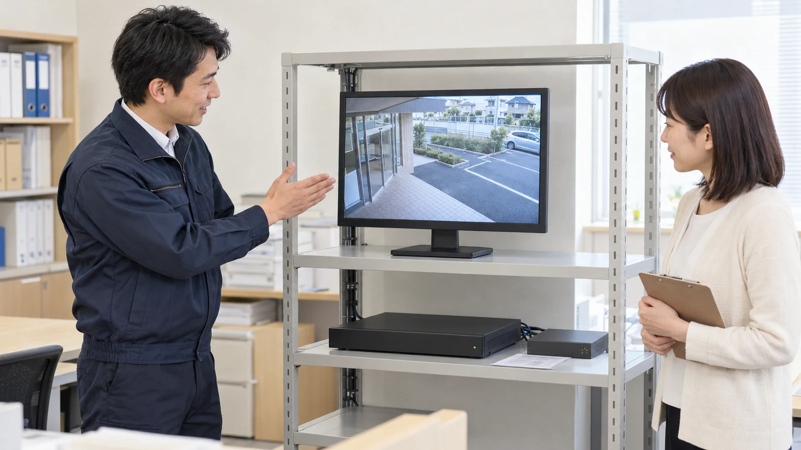 監視映像を映すモニター、録画装置、スイッチを棚にまとめ、担当者が利用者へ説明する場面。