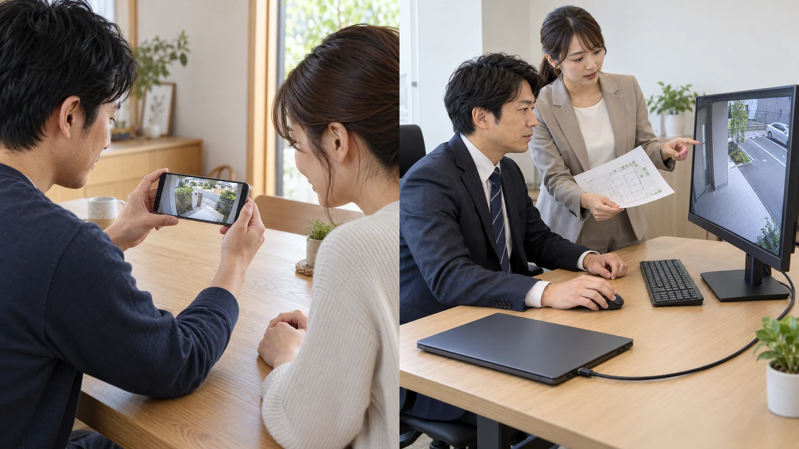 二人の家族がスマートフォンの映像を確認する。