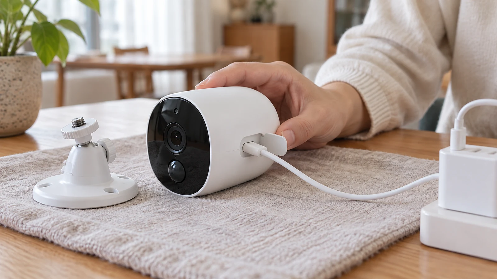 机上で取り外したカメラの充電口と、接続した充電ケーブル。