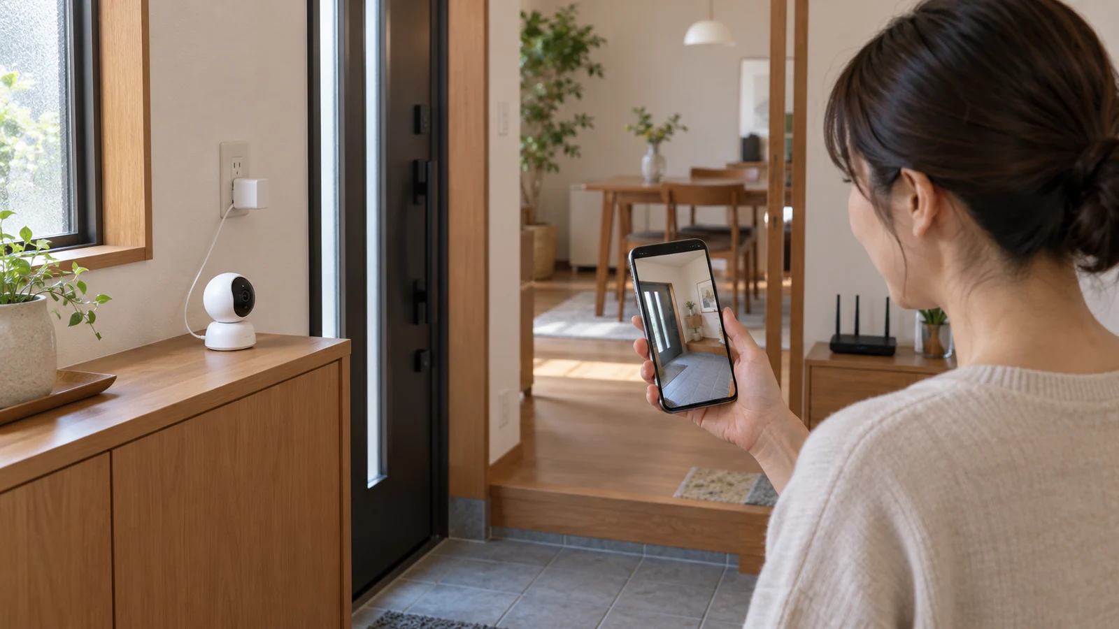 カメラを仮置きして映像を見るスマートフォンと、近くの固定壁コンセント。