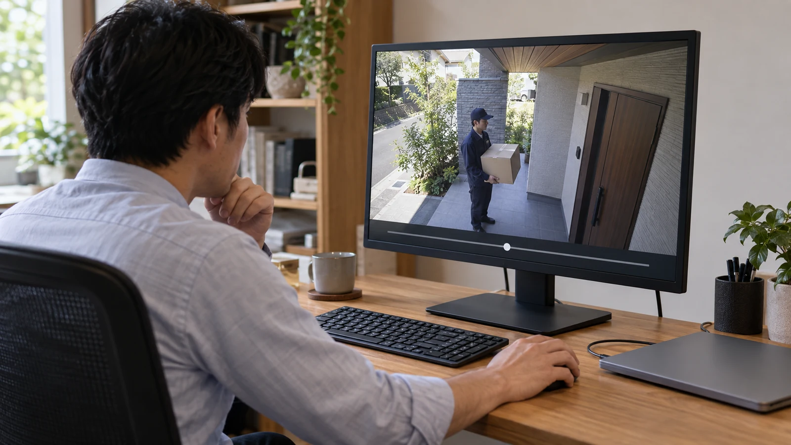 担当者が画面上の入口映像を再生して人物と荷物を確認する。