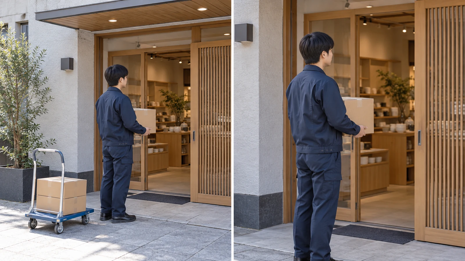 入口全体を含む構図で人物が小さく映る。