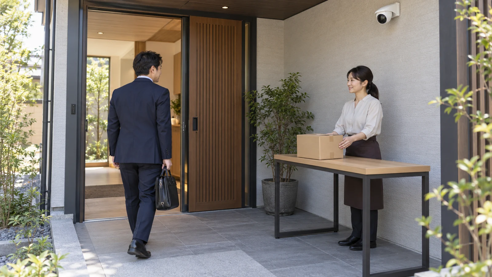 出入口の通路と荷物の受け渡し台が分かれる店舗入口。