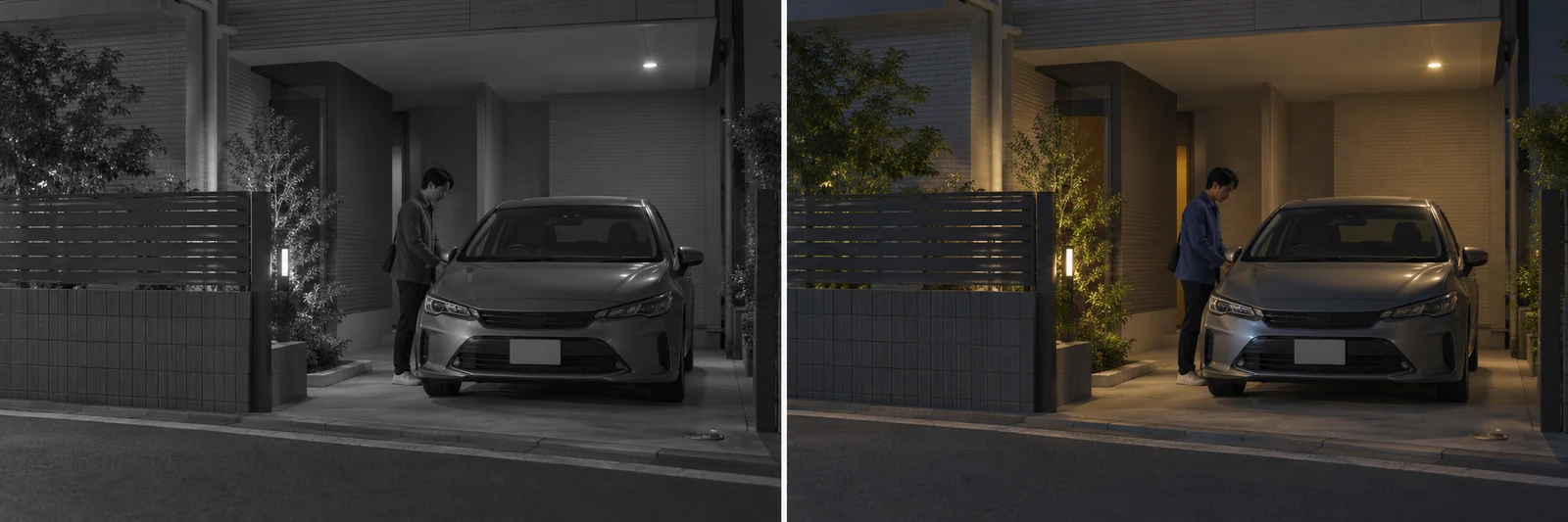 同じ場面の服と車をカラーで見る。