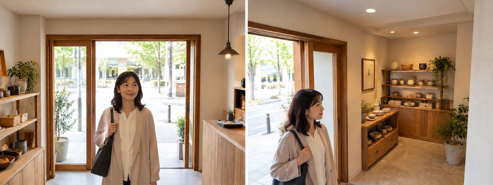明るい屋外を背景に入口の人物を見る。