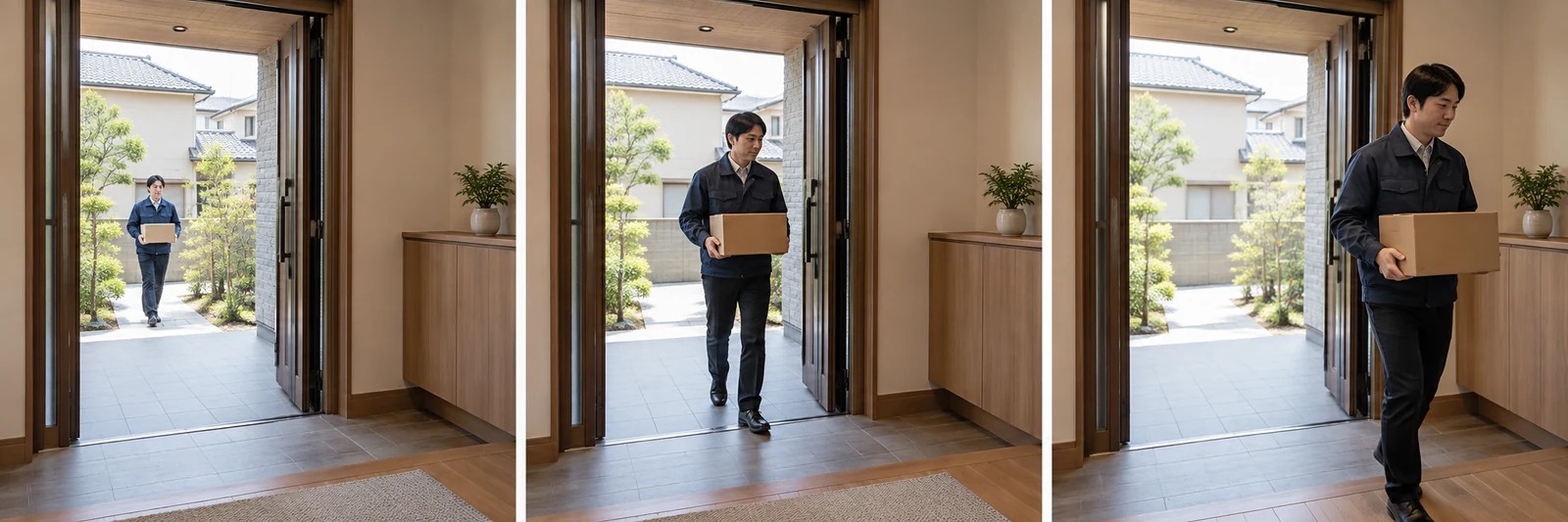 荷物を持った人物が入口へ近づく。