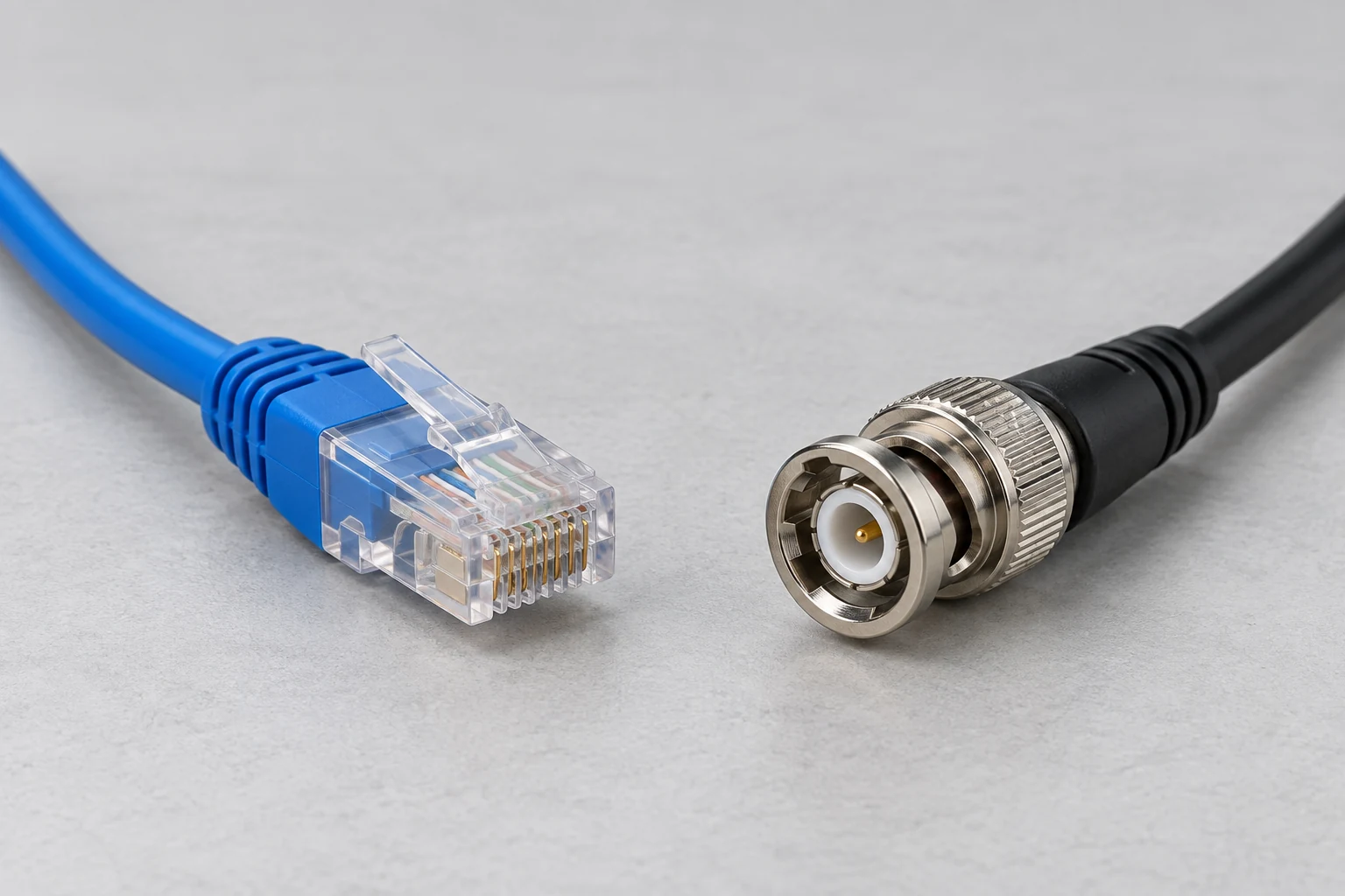机上に置いたRJ45プラグとBNCプラグ。形状の違いが接続部まで見える