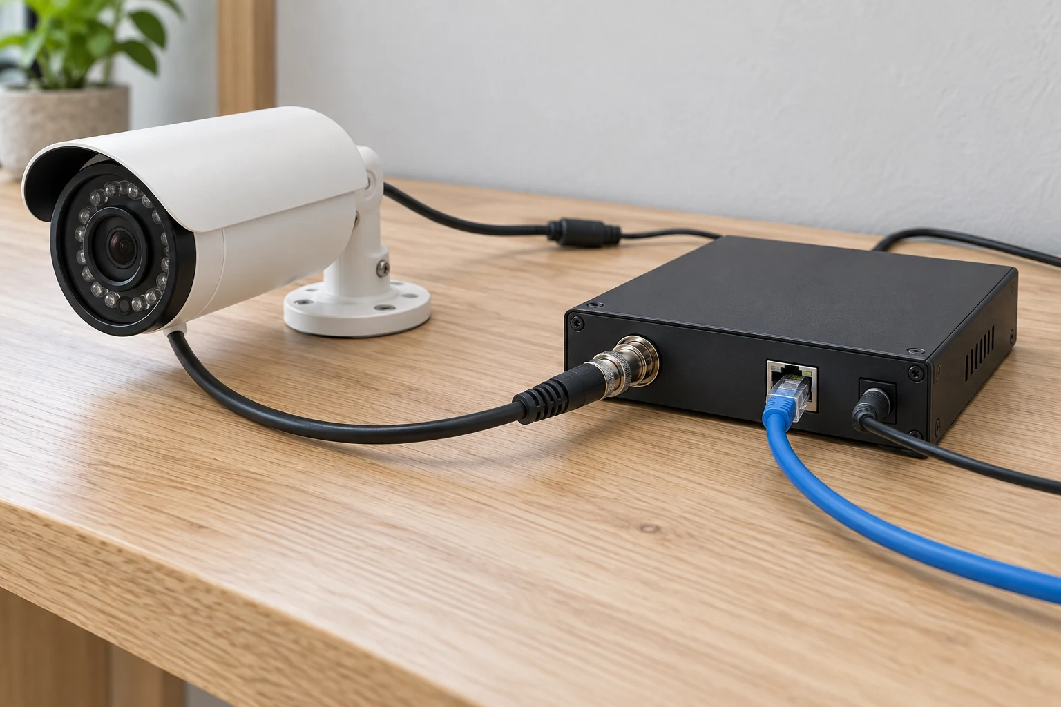アナログカメラの同軸線がエンコーダーに入り、LAN線がネットワーク側へ延びる机上構成