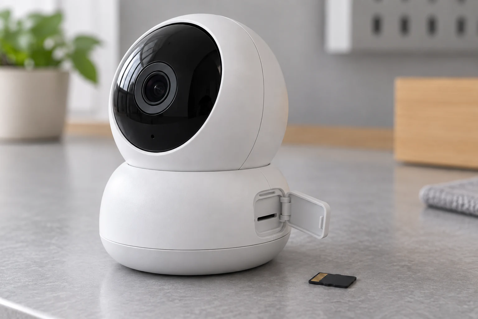 電源を外した卓上カメラのカードスロットと、横に置いたmicroSDカード