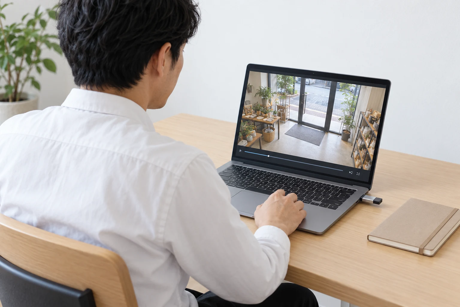 担当者がノートPCで入口の過去映像を確認し、接続したUSB媒体へ取り出す作業
