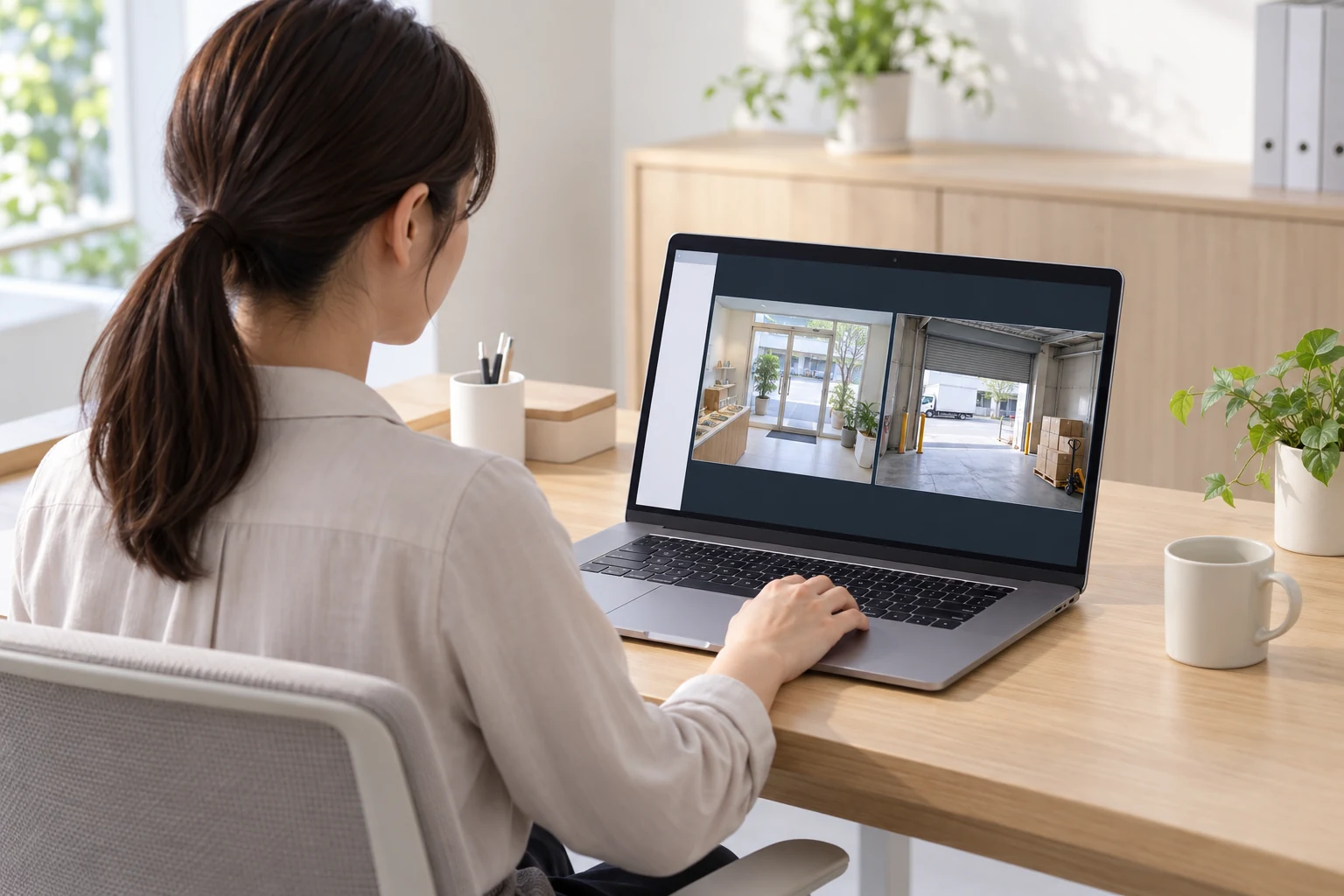 本部担当者のノートPCに、店の入口と倉庫入口の二つの映像が整理して表示される