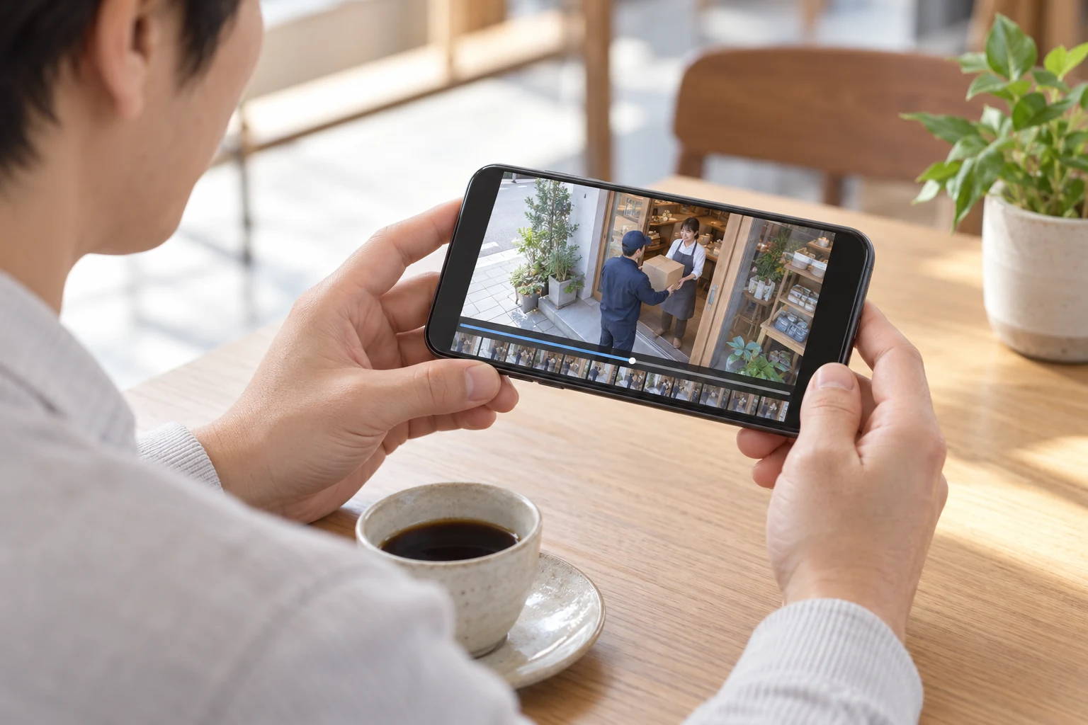 外出先の担当者がスマートフォンで、店舗入口の荷物受け渡し映像を確認する