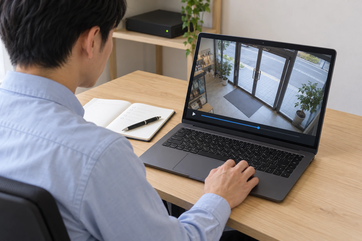担当者が現地のノートPCで入口の録画を再生し、手元の記録と照らし合わせる