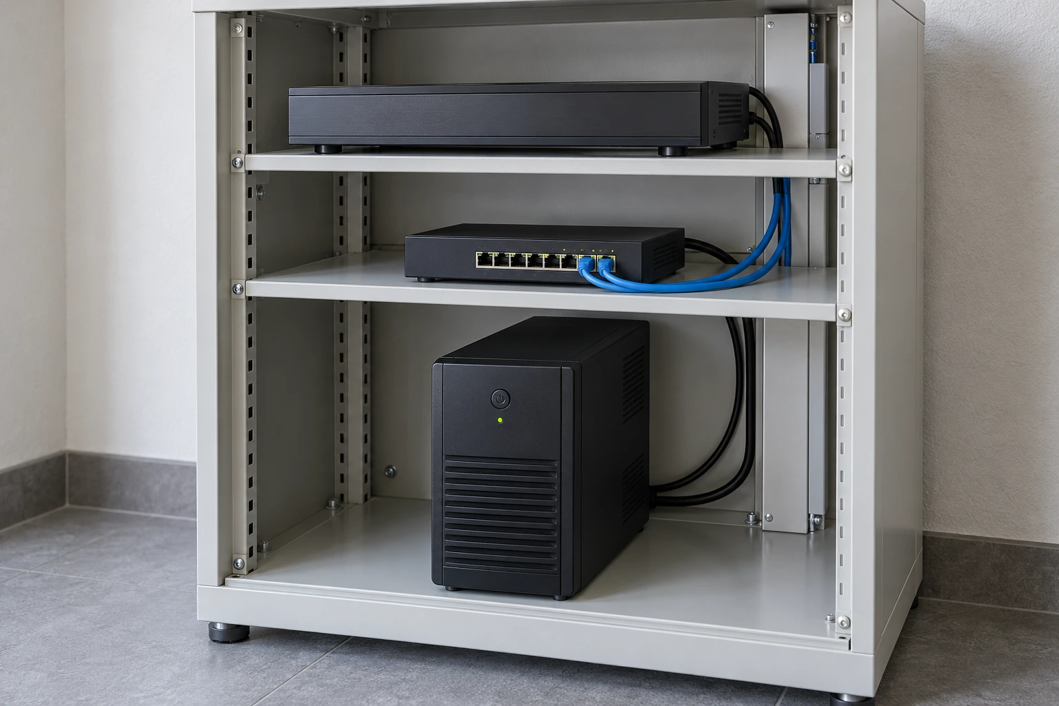 機器棚のUPS、PoEスイッチ、録画装置。通信線と背面の電源配線を整理している
