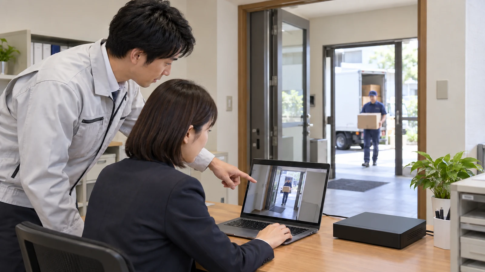 設置されたカメラの映像を録画装置と画面で確認する担当者。