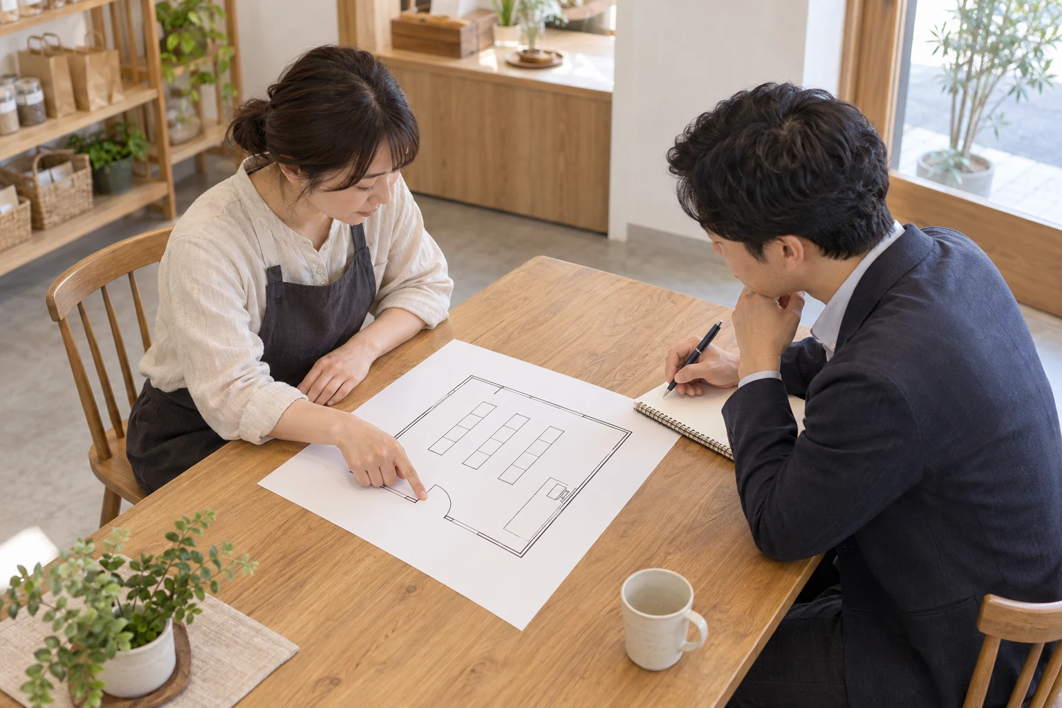 店の担当者と相談担当者が、入口と棚の位置を描いた簡単な見取り図を囲んで話している