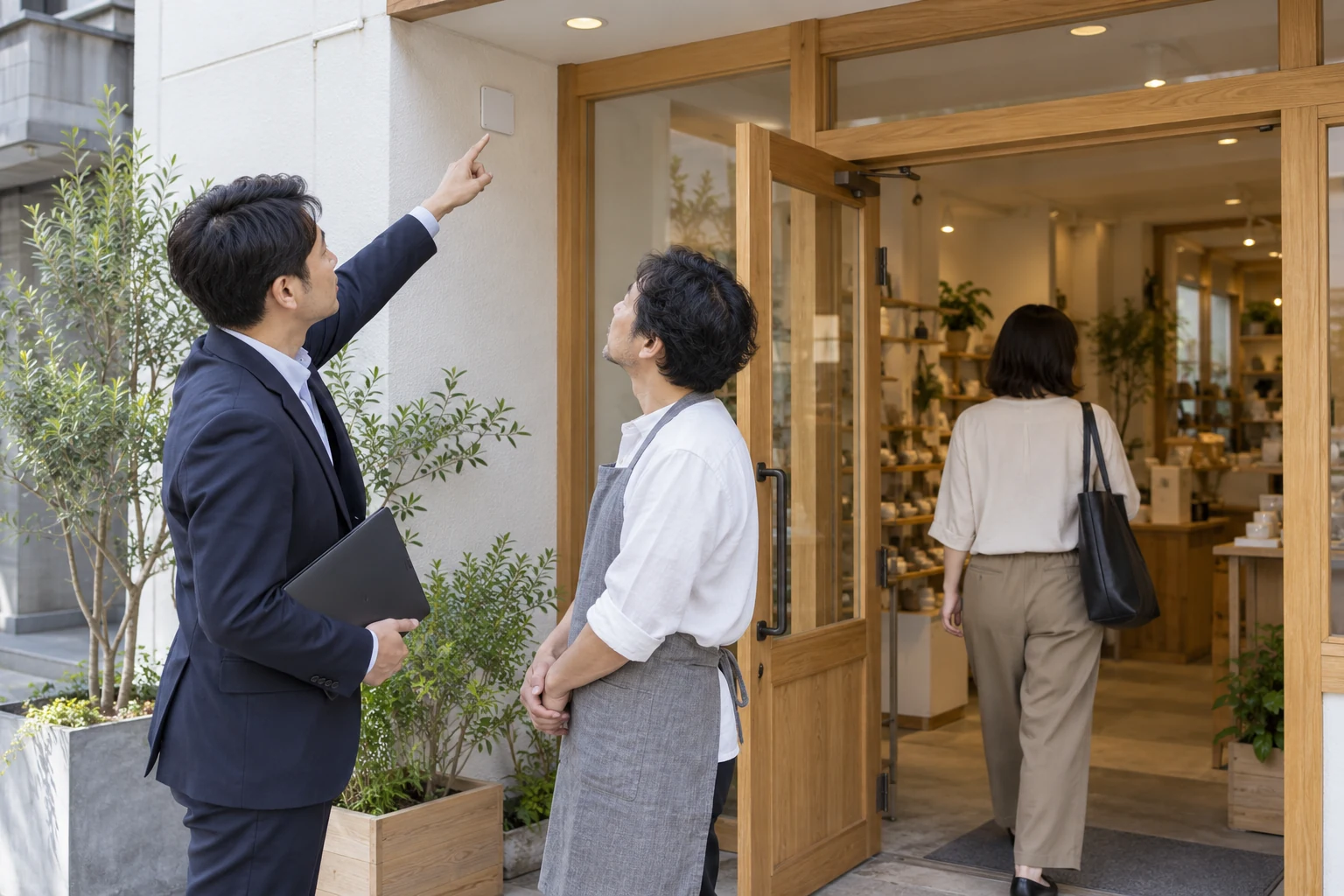 設置提案の担当者と店側が、入口を通る人の向きとカメラ候補位置を現地で確かめる