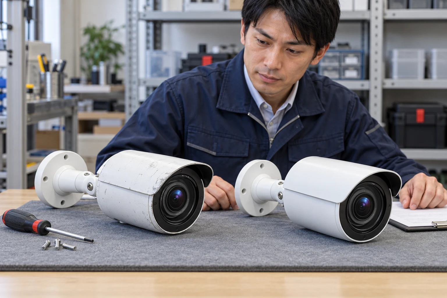作業台で取り外したカメラと交換用カメラを確認する担当者。故障受付後の具体的な作業を想像できる